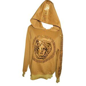 B REY Gold Raised Versace like Medusa Head Embellished Hoodie kangaroo pocket